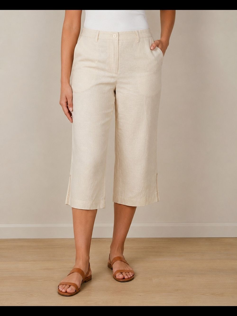 RQT Linen Blend Cropped Capri Pants Women's Size 10 Beige Cream Side Slit Lined